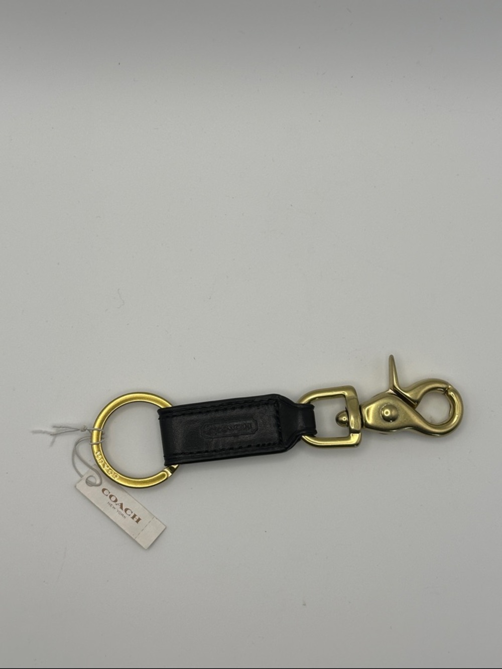 Vintage Coach Outlet Black Leather Keychain with Gold Keyring and Clip